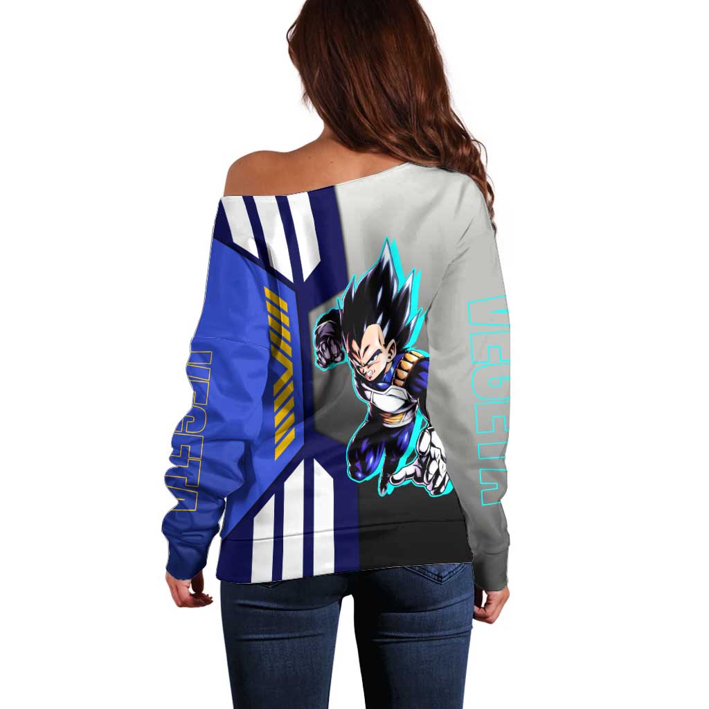 Vegeta from Dragon Ball Off Shoulder Sweater with Super Saiyan Blue Form and Action Pose Design - The Mazicc