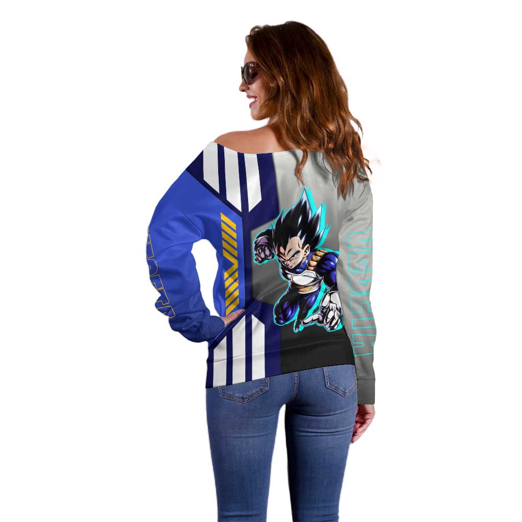 Vegeta from Dragon Ball Off Shoulder Sweater with Super Saiyan Blue Form and Action Pose Design - The Mazicc