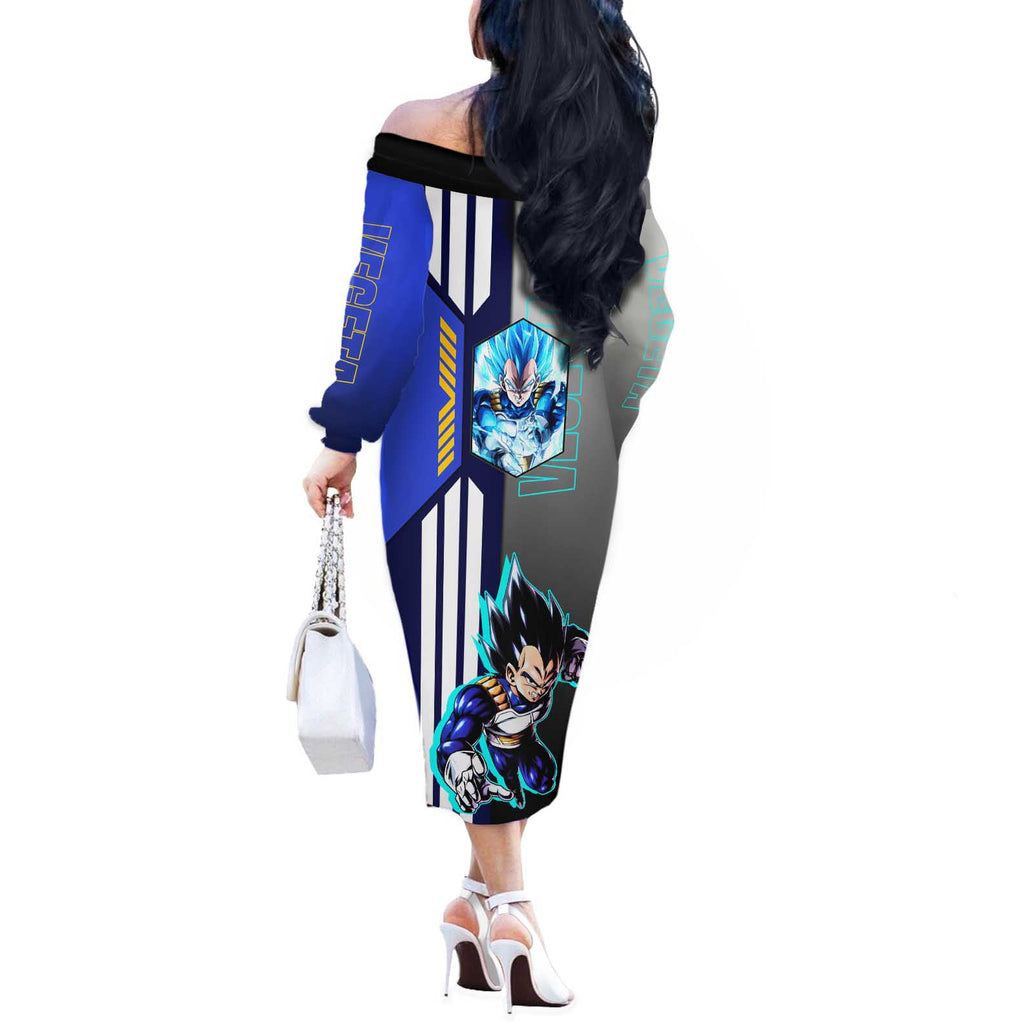 Vegeta from Dragon Ball Off The Shoulder Long Sleeve Dress with Super Saiyan Blue Form and Action Pose Design - The Mazicc