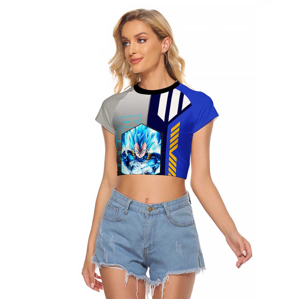 Vegeta from Dragon Ball Raglan Cropped T Shirt with Super Saiyan Blue Form and Action Pose Design - The Mazicc