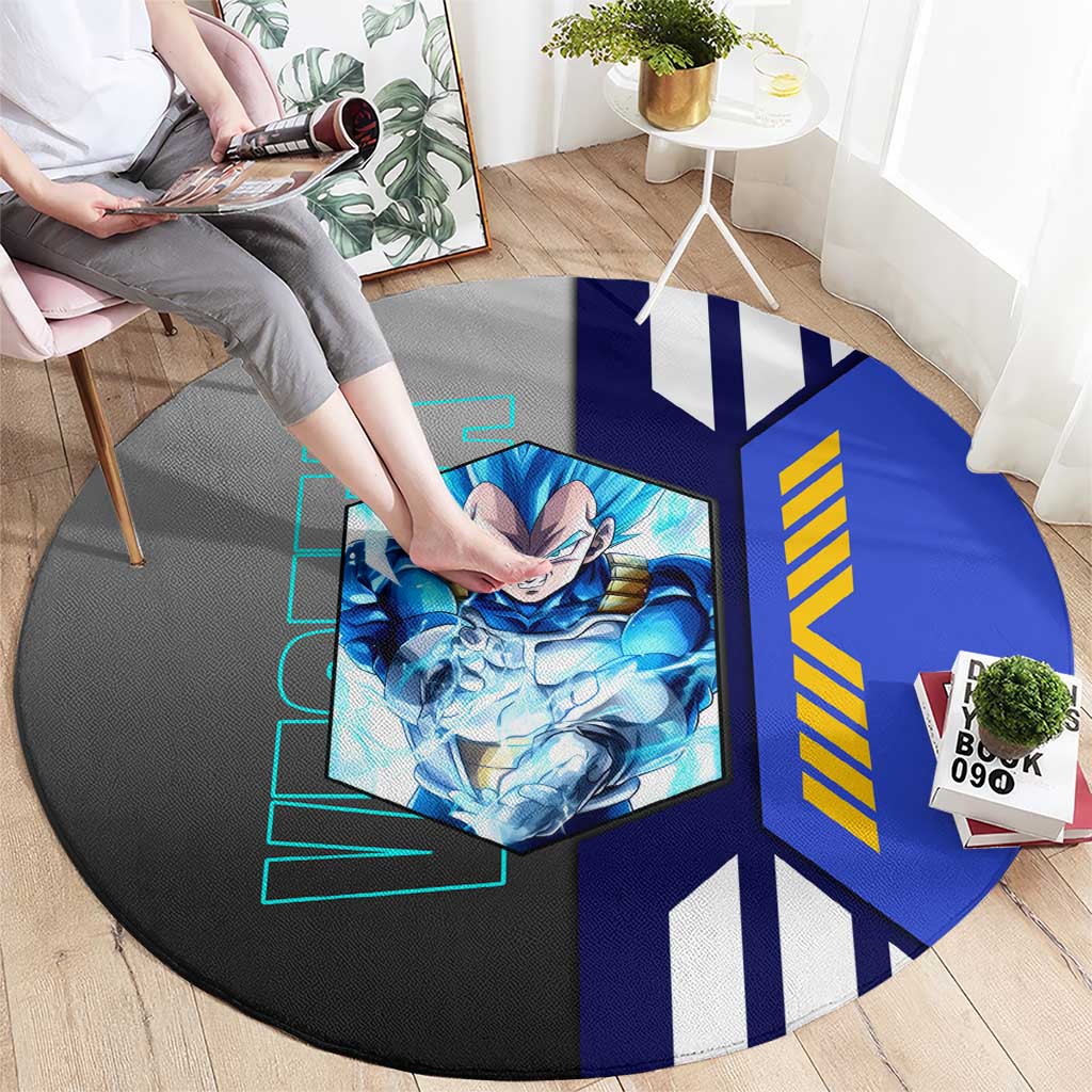 Vegeta from Dragon Ball Round Carpet with Super Saiyan Blue Form and Action Pose Design - The Mazicc