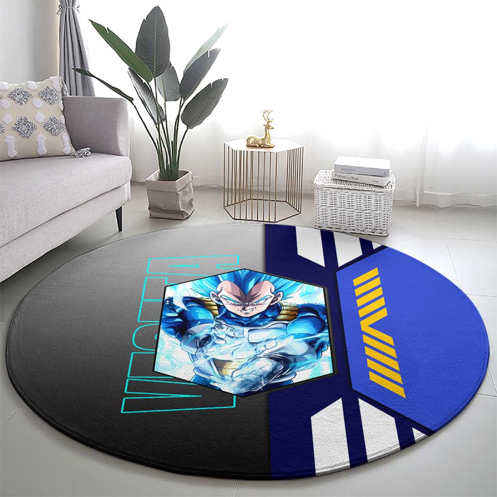 Vegeta from Dragon Ball Round Carpet with Super Saiyan Blue Form and Action Pose Design - The Mazicc