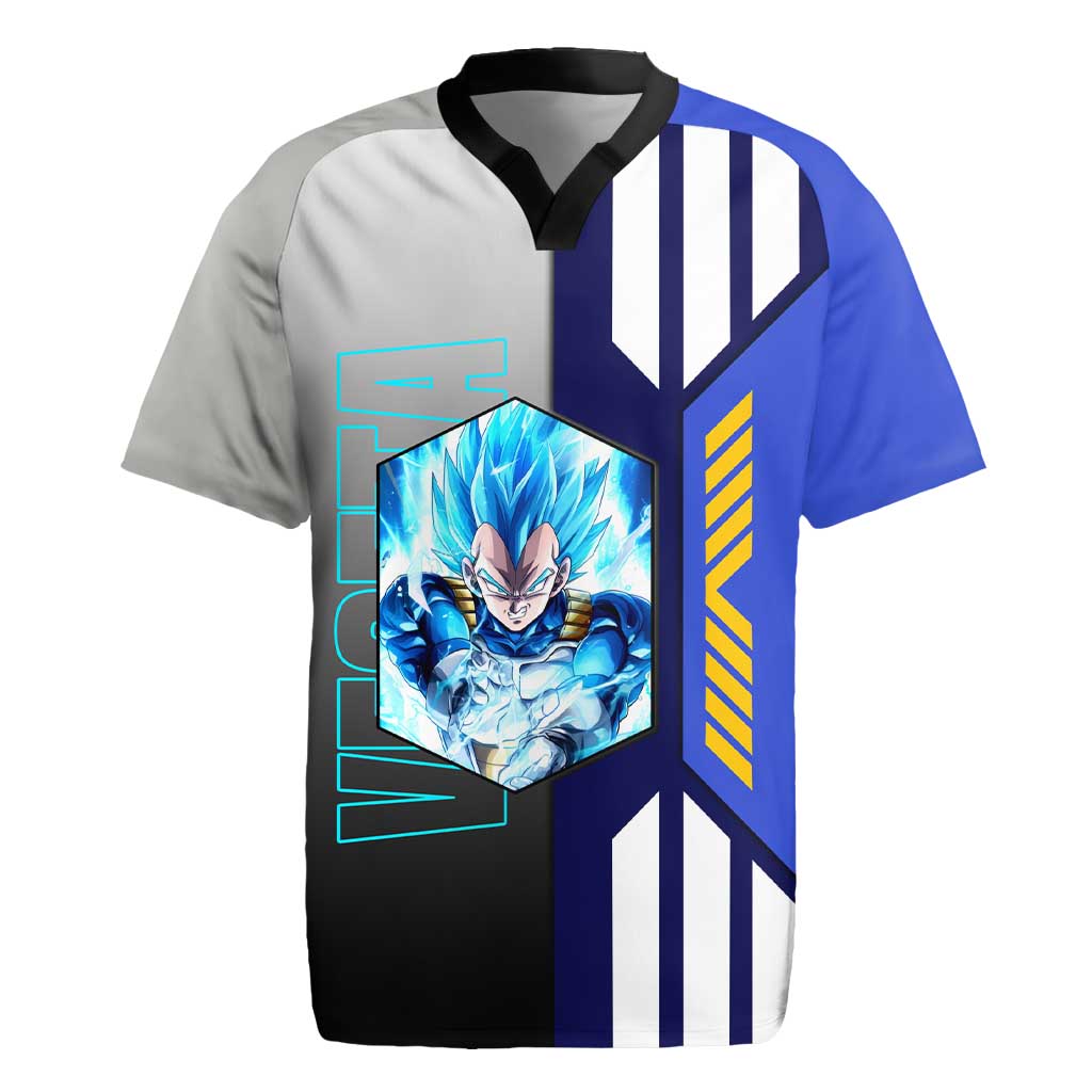 Vegeta from Dragon Ball Rugby Jersey with Super Saiyan Blue Form and Action Pose Design - The Mazicc