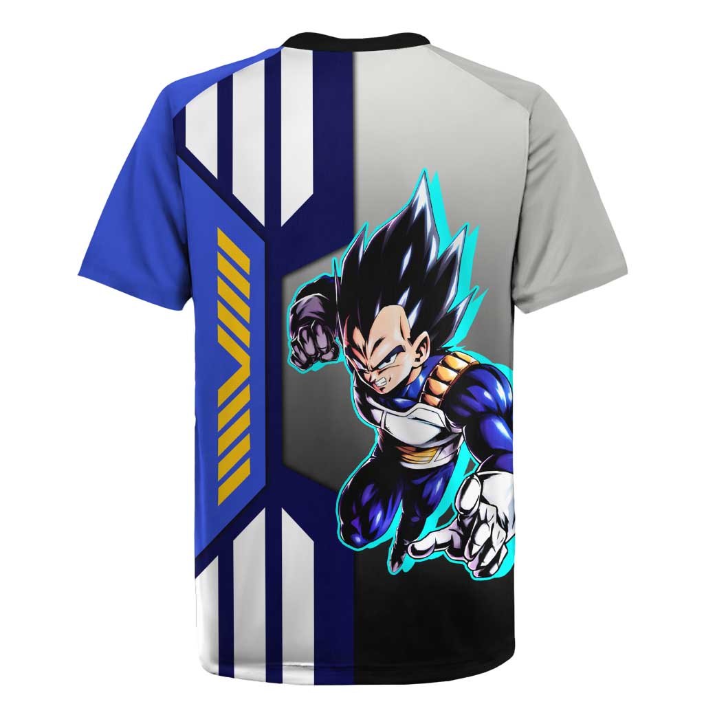 Vegeta from Dragon Ball Rugby Jersey with Super Saiyan Blue Form and Action Pose Design - The Mazicc