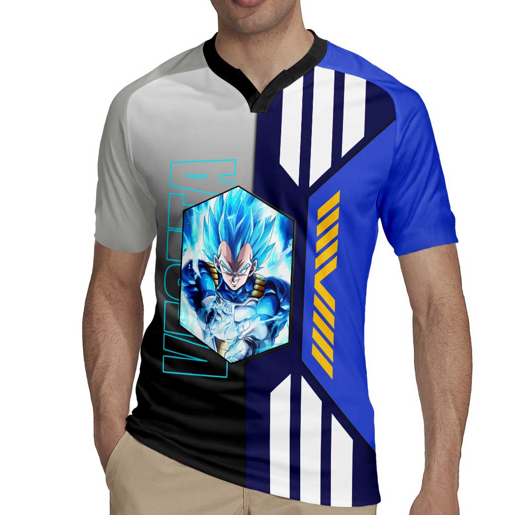 Vegeta from Dragon Ball Rugby Jersey with Super Saiyan Blue Form and Action Pose Design - The Mazicc