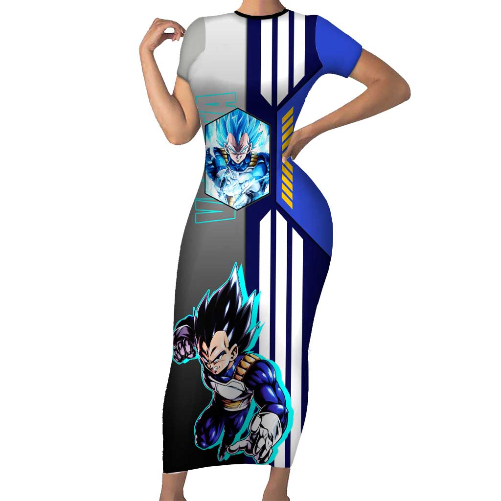 Vegeta from Dragon Ball Short Sleeve Bodycon Dress with Super Saiyan Blue Form and Action Pose Design - The Mazicc