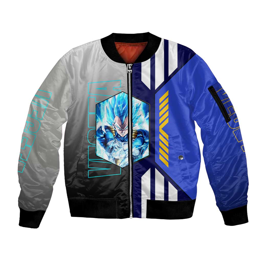 Vegeta from Dragon Ball Sleeve Zip Bomber Jacket with Super Saiyan Blue Form and Action Pose Design - The Mazicc