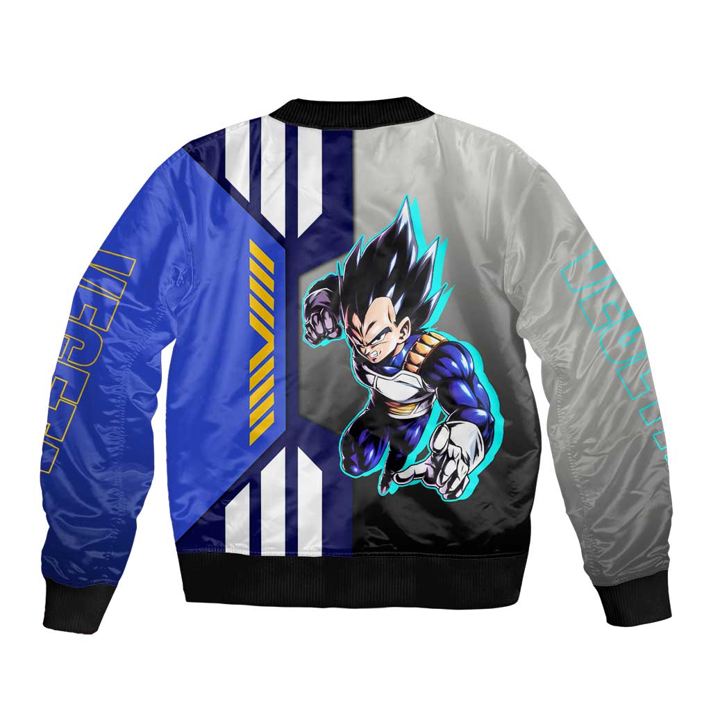 Vegeta from Dragon Ball Sleeve Zip Bomber Jacket with Super Saiyan Blue Form and Action Pose Design - The Mazicc