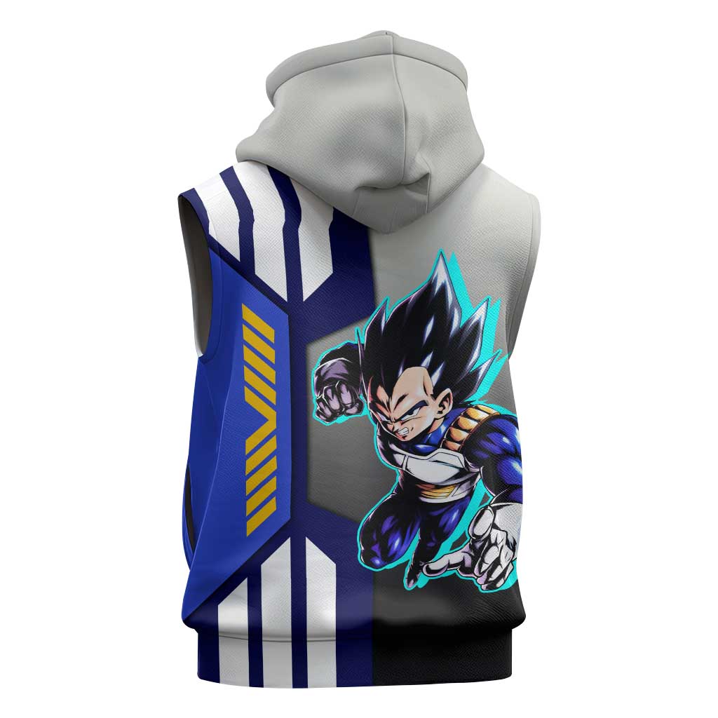 Vegeta from Dragon Ball Sleeveless Hoodie with Super Saiyan Blue Form and Action Pose Design - The Mazicc