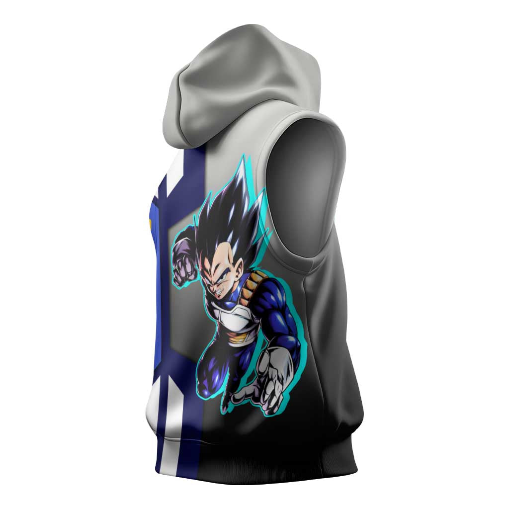 Vegeta from Dragon Ball Sleeveless Hoodie with Super Saiyan Blue Form and Action Pose Design - The Mazicc