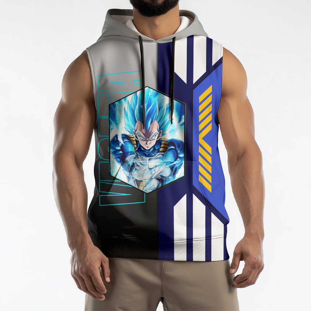 Vegeta from Dragon Ball Sleeveless Hoodie with Super Saiyan Blue Form and Action Pose Design - The Mazicc