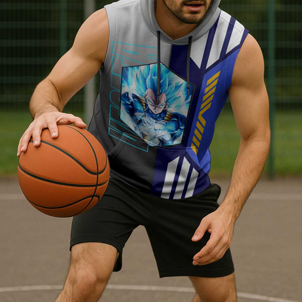 Vegeta from Dragon Ball Sleeveless Hoodie with Super Saiyan Blue Form and Action Pose Design - The Mazicc