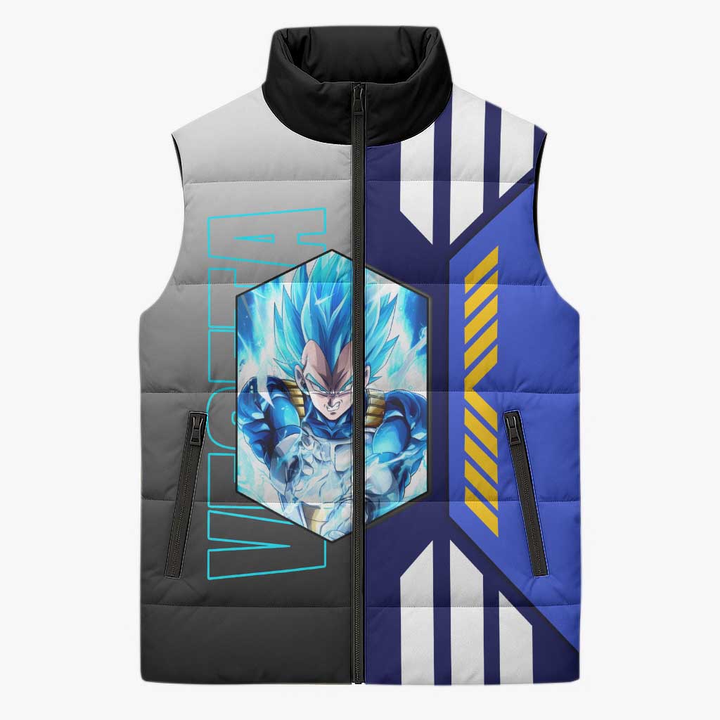 Vegeta from Dragon Ball Sleeveless Puffer Jacket with Super Saiyan Blue Form and Action Pose Design - The Mazicc