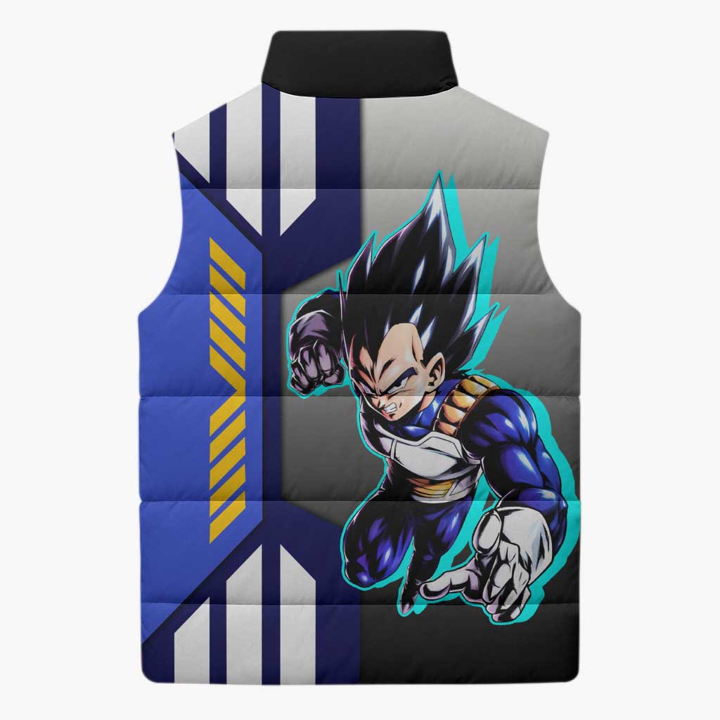 Vegeta from Dragon Ball Sleeveless Puffer Jacket with Super Saiyan Blue Form and Action Pose Design - The Mazicc