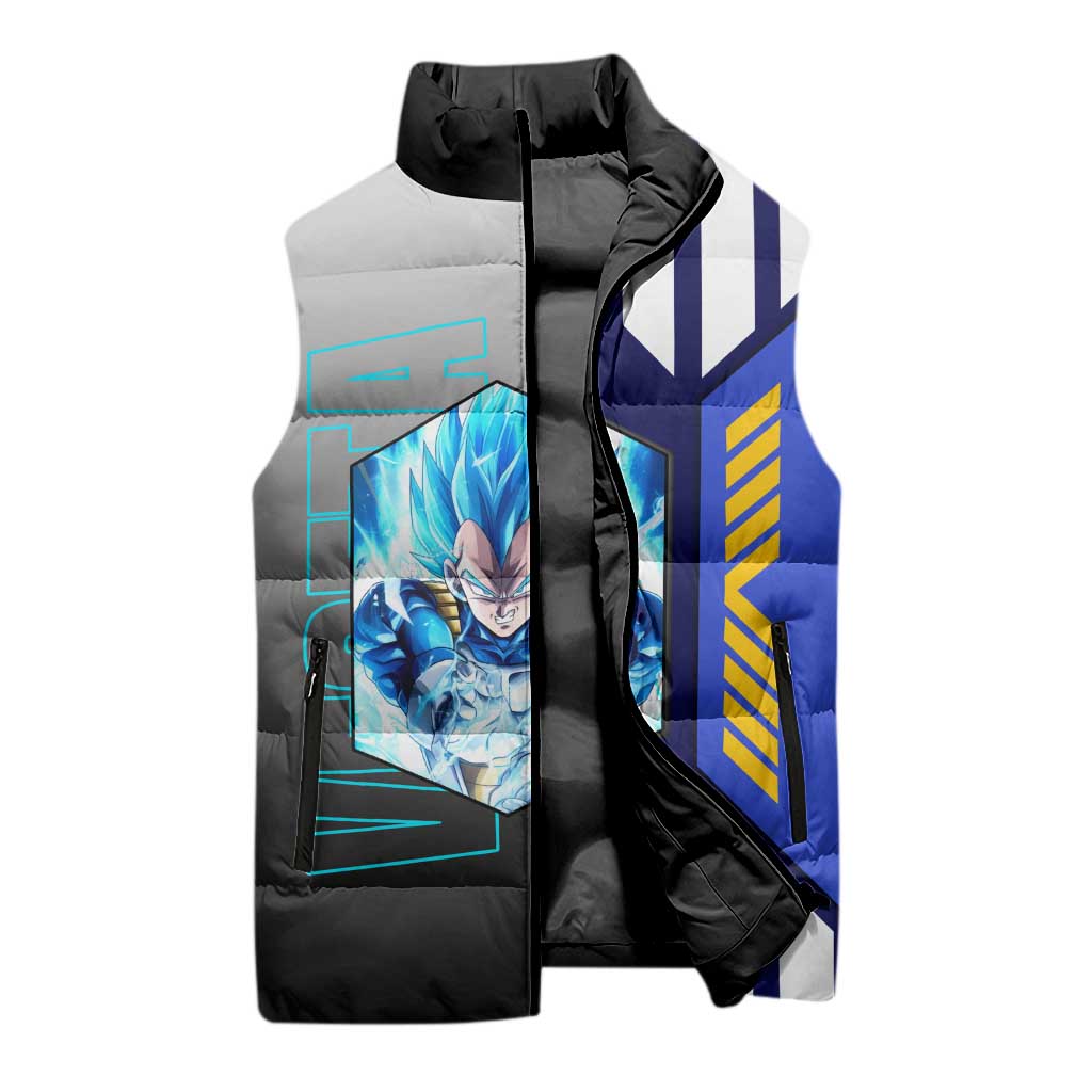 Vegeta from Dragon Ball Sleeveless Puffer Jacket with Super Saiyan Blue Form and Action Pose Design - The Mazicc
