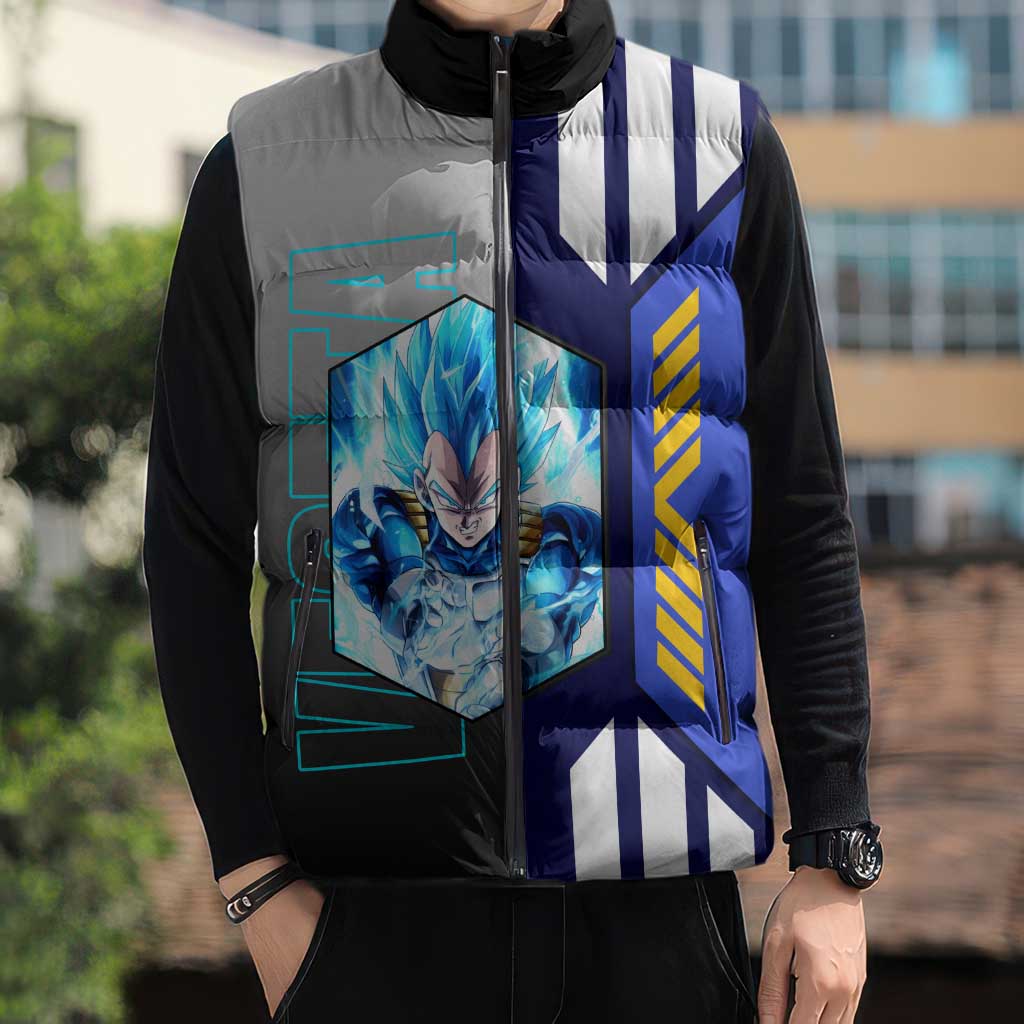 Vegeta from Dragon Ball Sleeveless Puffer Jacket with Super Saiyan Blue Form and Action Pose Design - The Mazicc