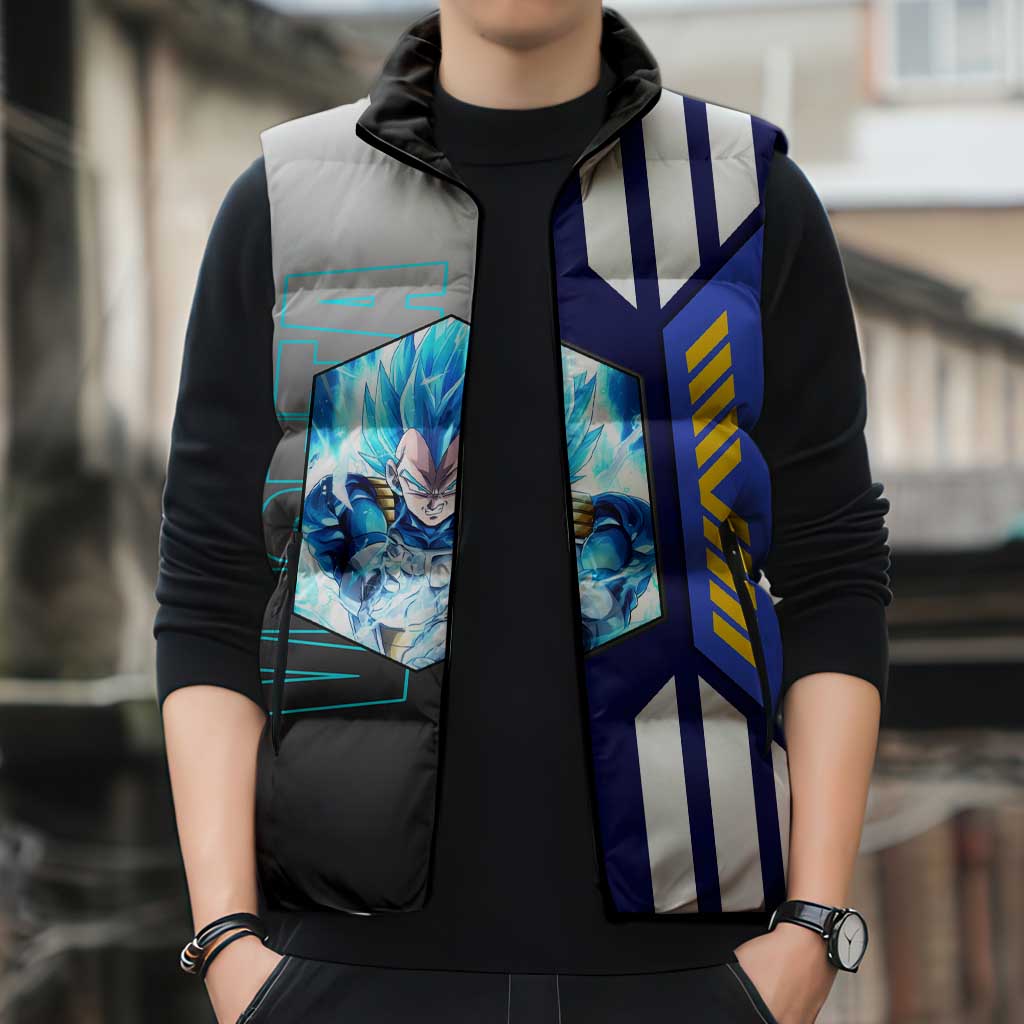 Vegeta from Dragon Ball Sleeveless Puffer Jacket with Super Saiyan Blue Form and Action Pose Design - The Mazicc