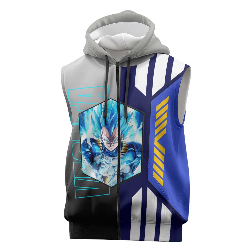 Vegeta from Dragon Ball Sleeveless Zip Hoodie with Super Saiyan Blue Form and Action Pose Design - The Mazicc