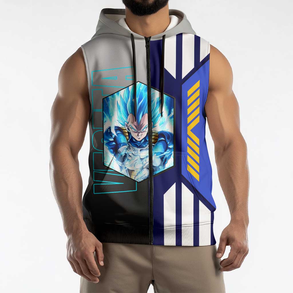Vegeta from Dragon Ball Sleeveless Zip Hoodie with Super Saiyan Blue Form and Action Pose Design - The Mazicc