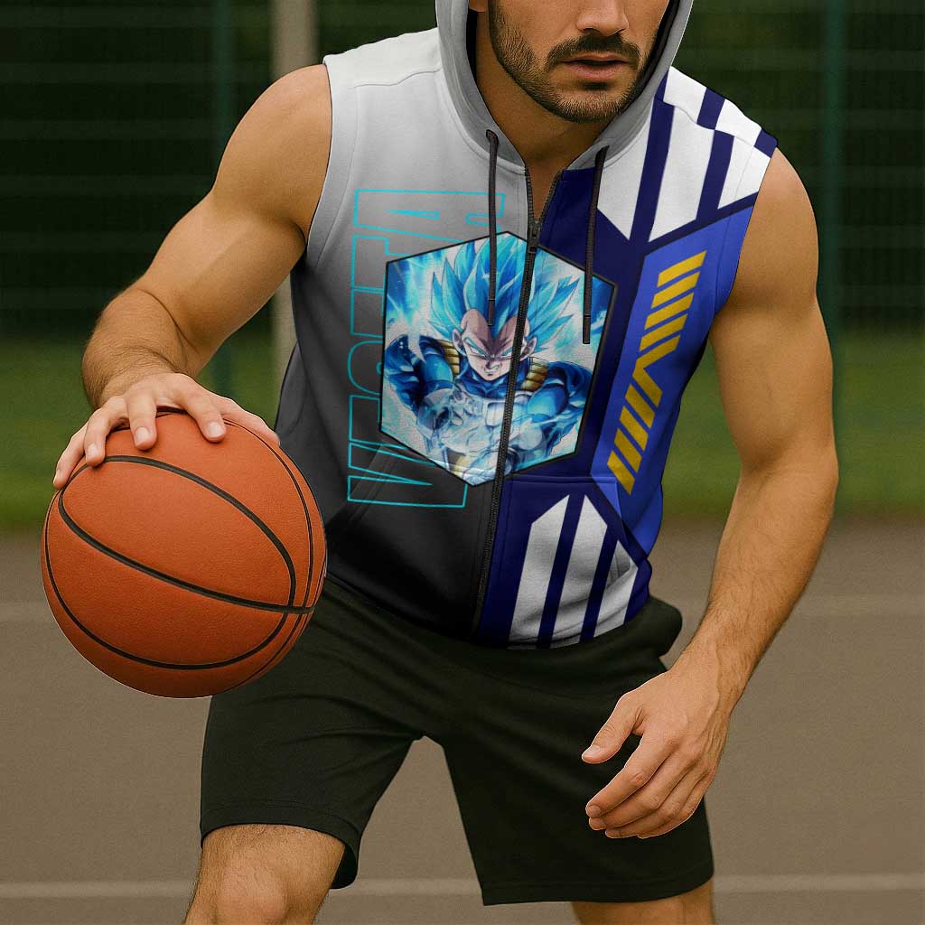 Vegeta from Dragon Ball Sleeveless Zip Hoodie with Super Saiyan Blue Form and Action Pose Design - The Mazicc