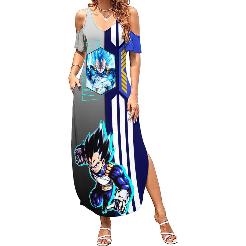 Vegeta from Dragon Ball Summer Maxi Dress with Super Saiyan Blue Form and Action Pose Design - The Mazicc