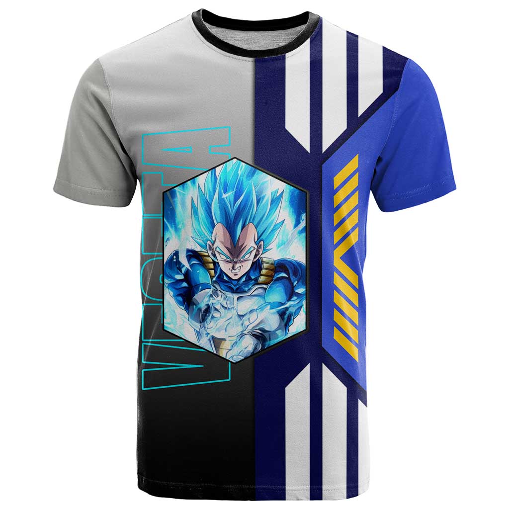 Vegeta from Dragon Ball T Shirt with Super Saiyan Blue Form and Action Pose Design - The Mazicc