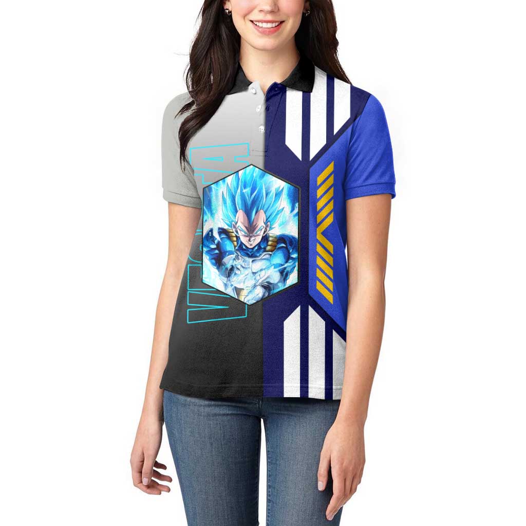 Vegeta from Dragon Ball Women Polo Shirt with Super Saiyan Blue Form and Action Pose Design - The Mazicc