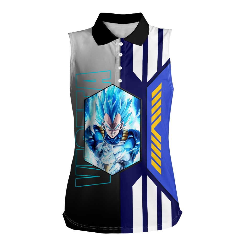 Vegeta from Dragon Ball Women Sleeveless Polo Shirt with Super Saiyan Blue Form and Action Pose Design - The Mazicc
