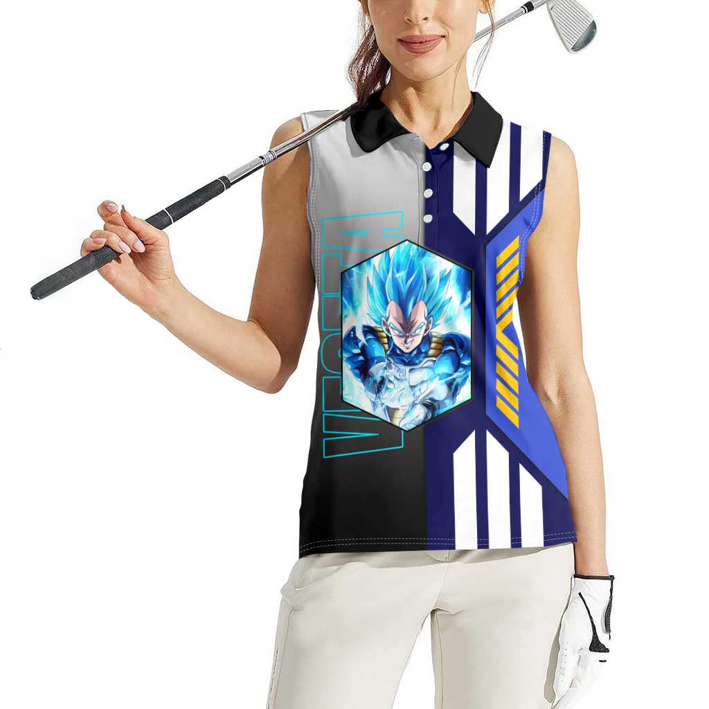 Vegeta from Dragon Ball Women Sleeveless Polo Shirt with Super Saiyan Blue Form and Action Pose Design - The Mazicc
