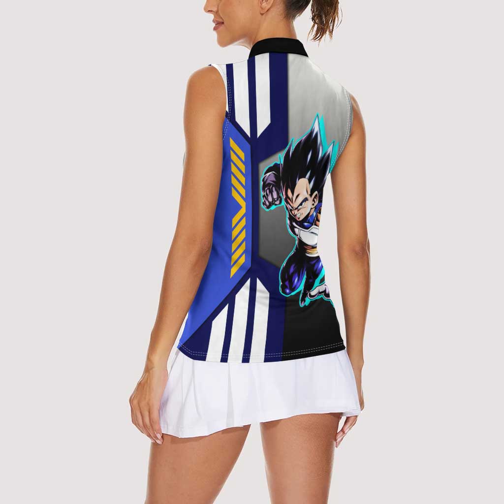 Vegeta from Dragon Ball Women Sleeveless Polo Shirt with Super Saiyan Blue Form and Action Pose Design - The Mazicc