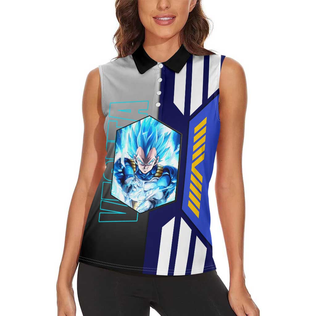 Vegeta from Dragon Ball Women Sleeveless Polo Shirt with Super Saiyan Blue Form and Action Pose Design - The Mazicc