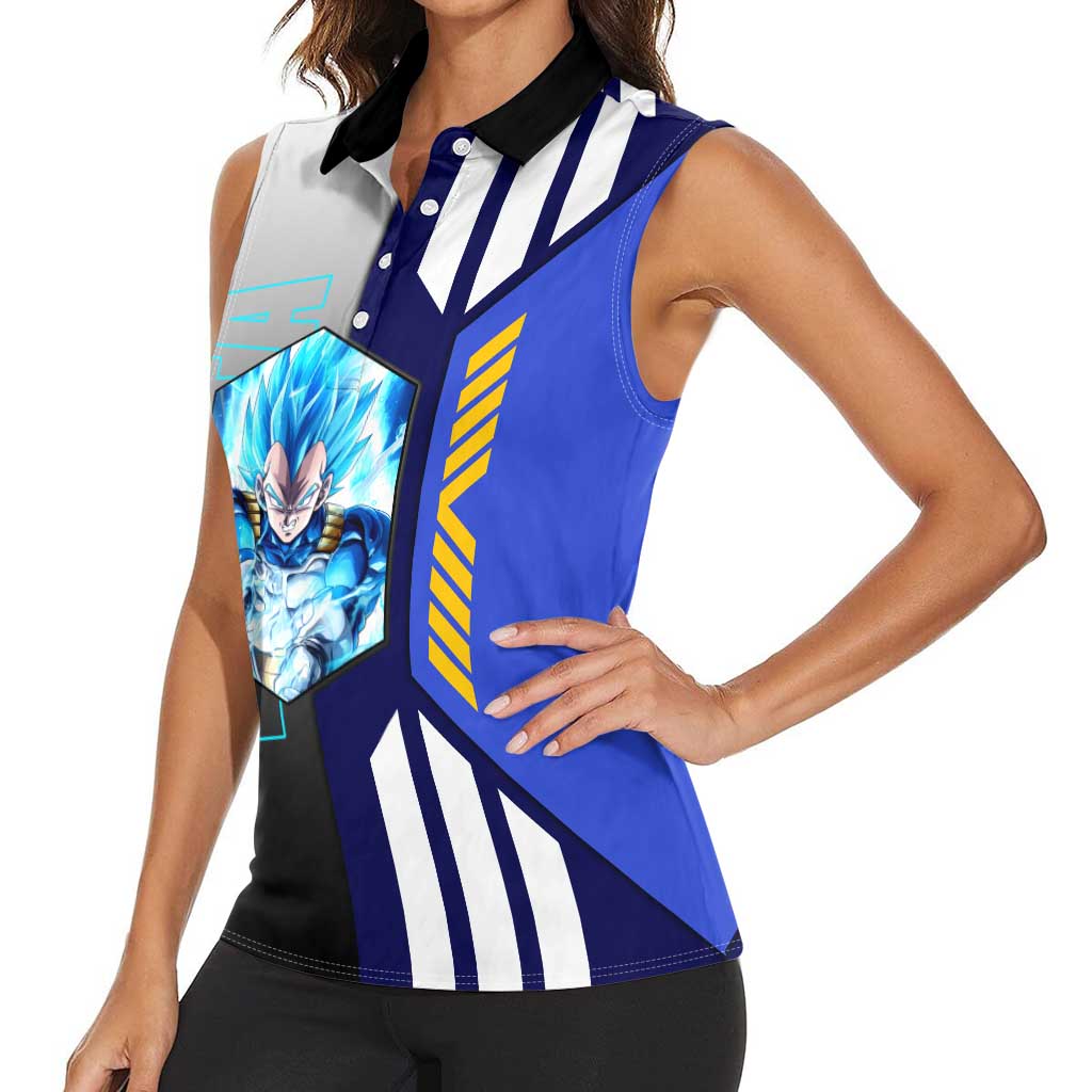 Vegeta from Dragon Ball Women Sleeveless Polo Shirt with Super Saiyan Blue Form and Action Pose Design - The Mazicc