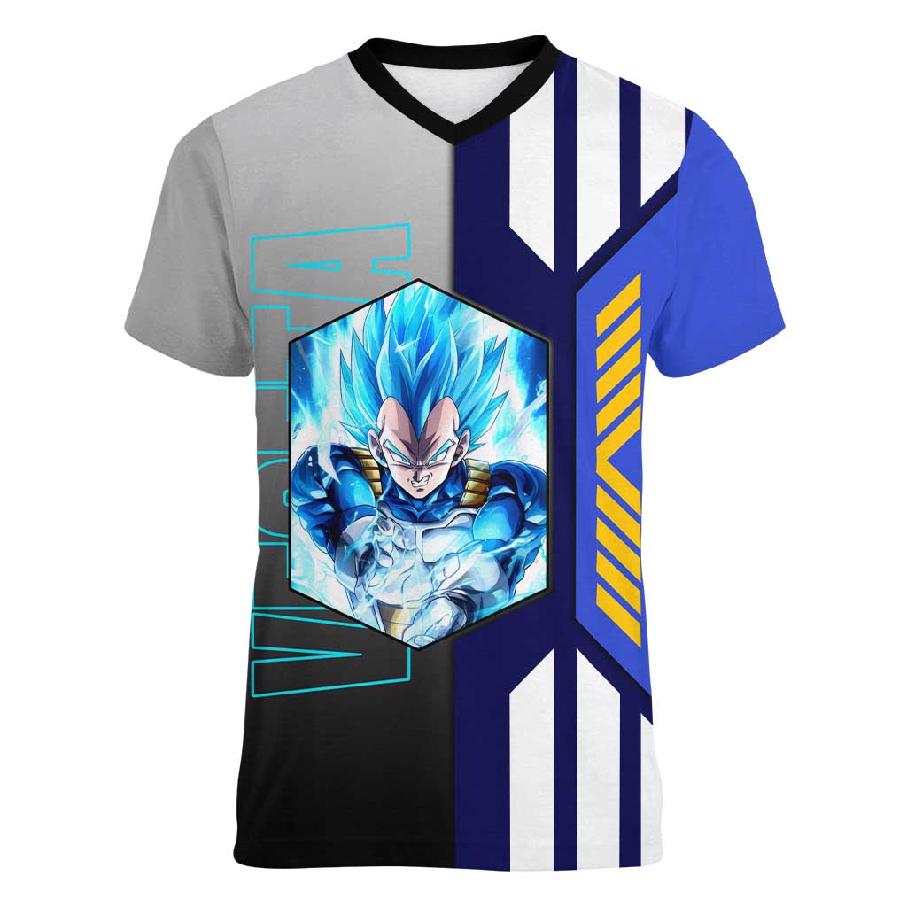 Vegeta from Dragon Ball Women V-Neck T-Shirt with Super Saiyan Blue Form and Action Pose Design - The Mazicc