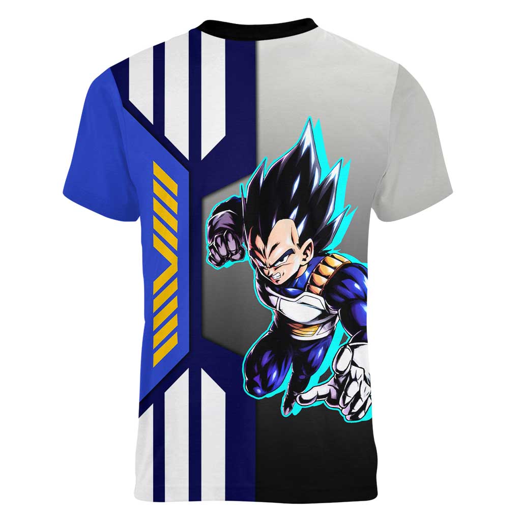 Vegeta from Dragon Ball Women V-Neck T-Shirt with Super Saiyan Blue Form and Action Pose Design - The Mazicc