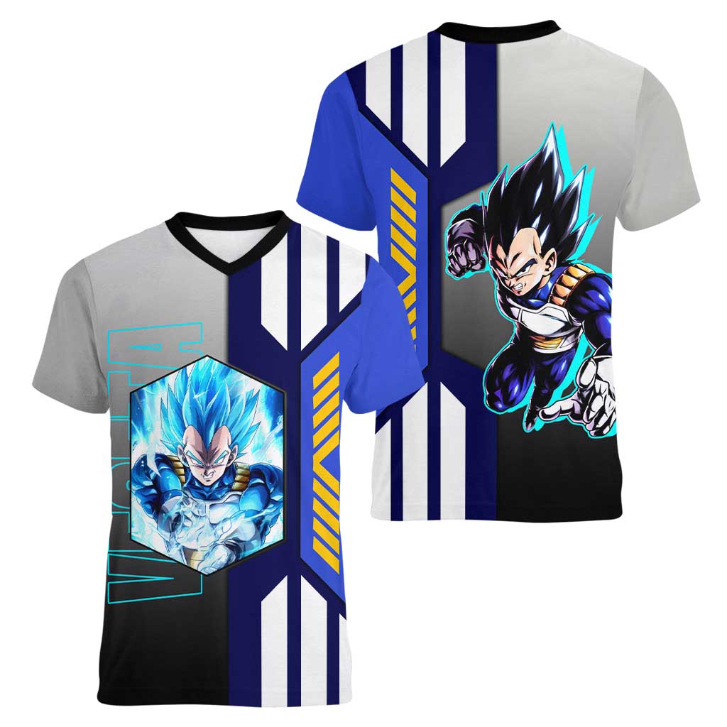 Vegeta from Dragon Ball Women V-Neck T-Shirt with Super Saiyan Blue Form and Action Pose Design - The Mazicc