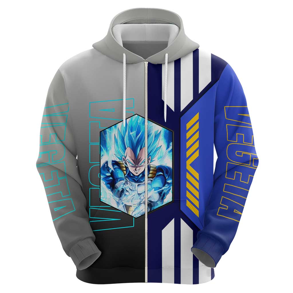 Vegeta from Dragon Ball Zip Hoodie with Super Saiyan Blue Form and Action Pose Design - The Mazicc