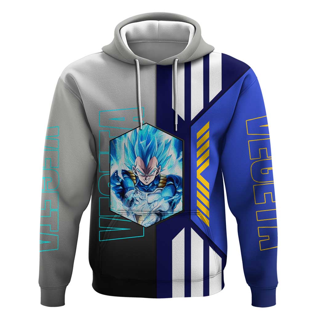 Vegeta from Dragon Ball Zip Hoodie with Super Saiyan Blue Form and Action Pose Design - The Mazicc