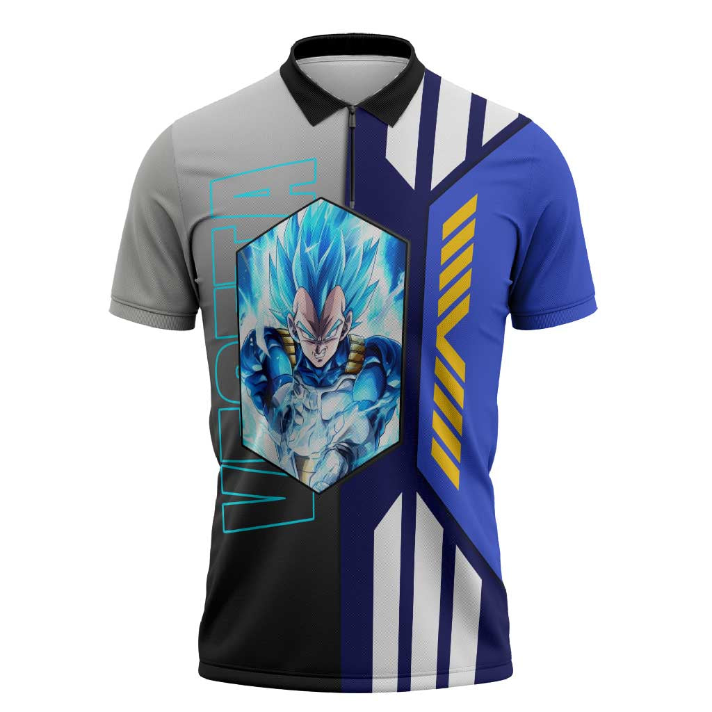 Vegeta from Dragon Ball Zipper Polo Shirt with Super Saiyan Blue Form and Action Pose Design - The Mazicc