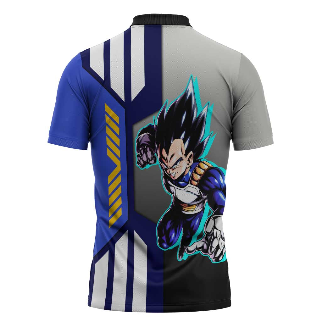 Vegeta from Dragon Ball Zipper Polo Shirt with Super Saiyan Blue Form and Action Pose Design - The Mazicc