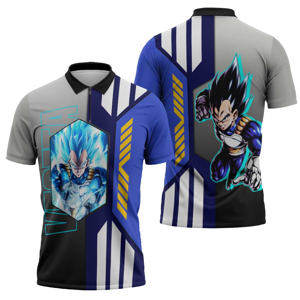 Vegeta from Dragon Ball Zipper Polo Shirt with Super Saiyan Blue Form and Action Pose Design - The Mazicc