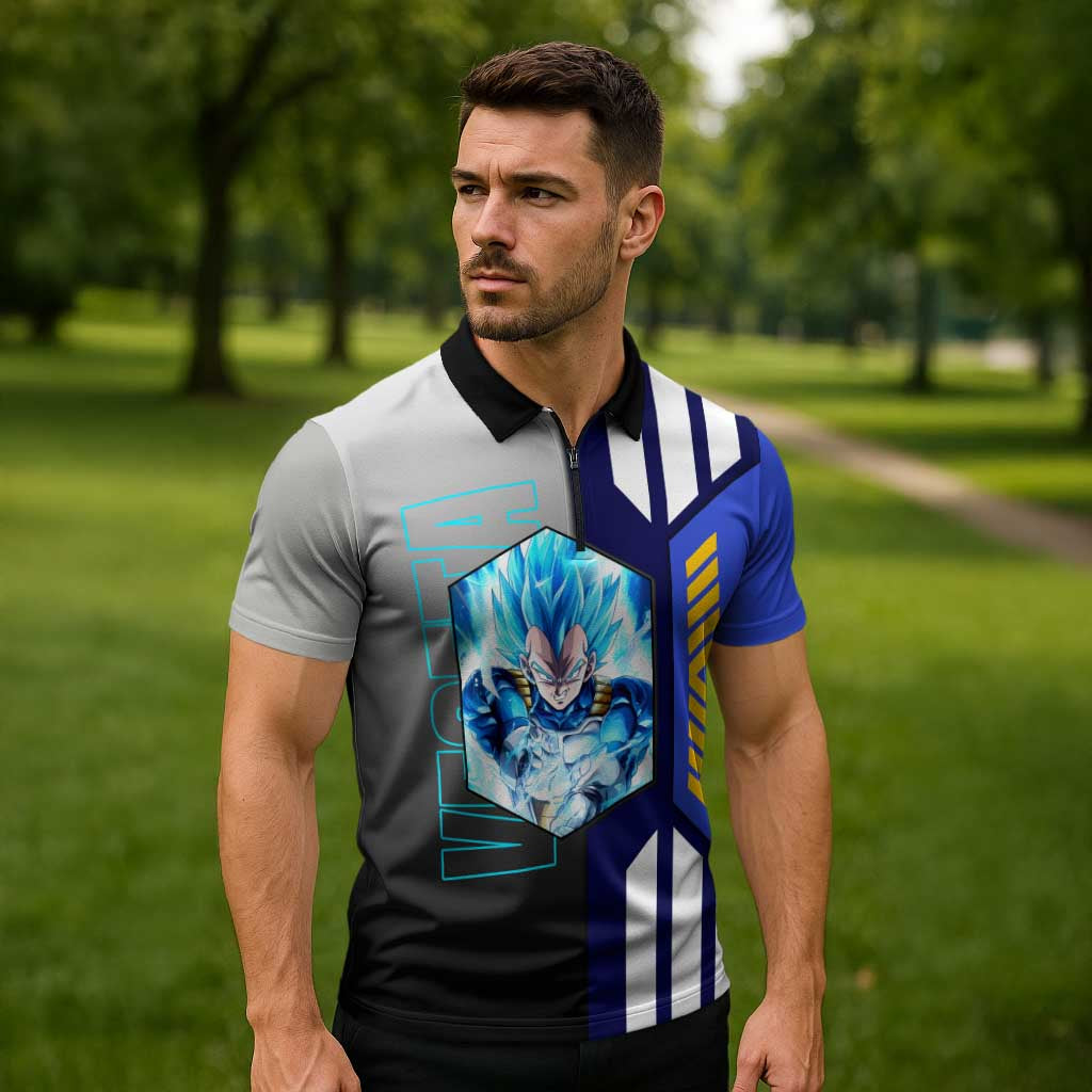 Vegeta from Dragon Ball Zipper Polo Shirt with Super Saiyan Blue Form and Action Pose Design - The Mazicc