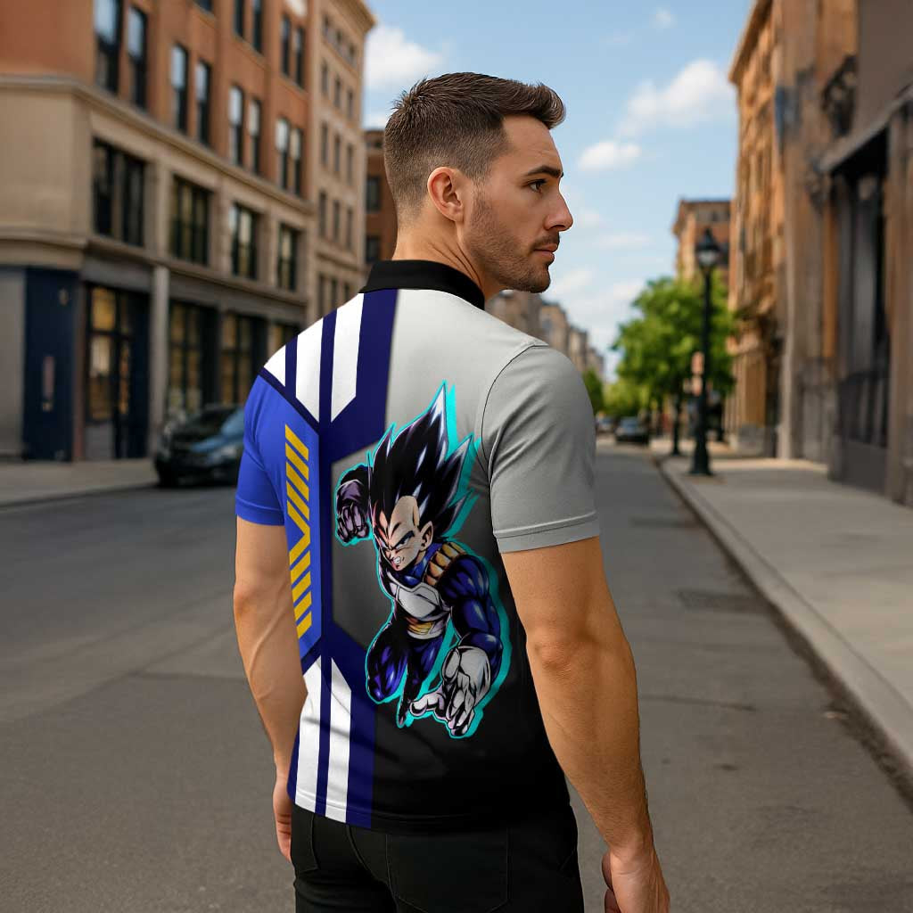 Vegeta from Dragon Ball Zipper Polo Shirt with Super Saiyan Blue Form and Action Pose Design - The Mazicc
