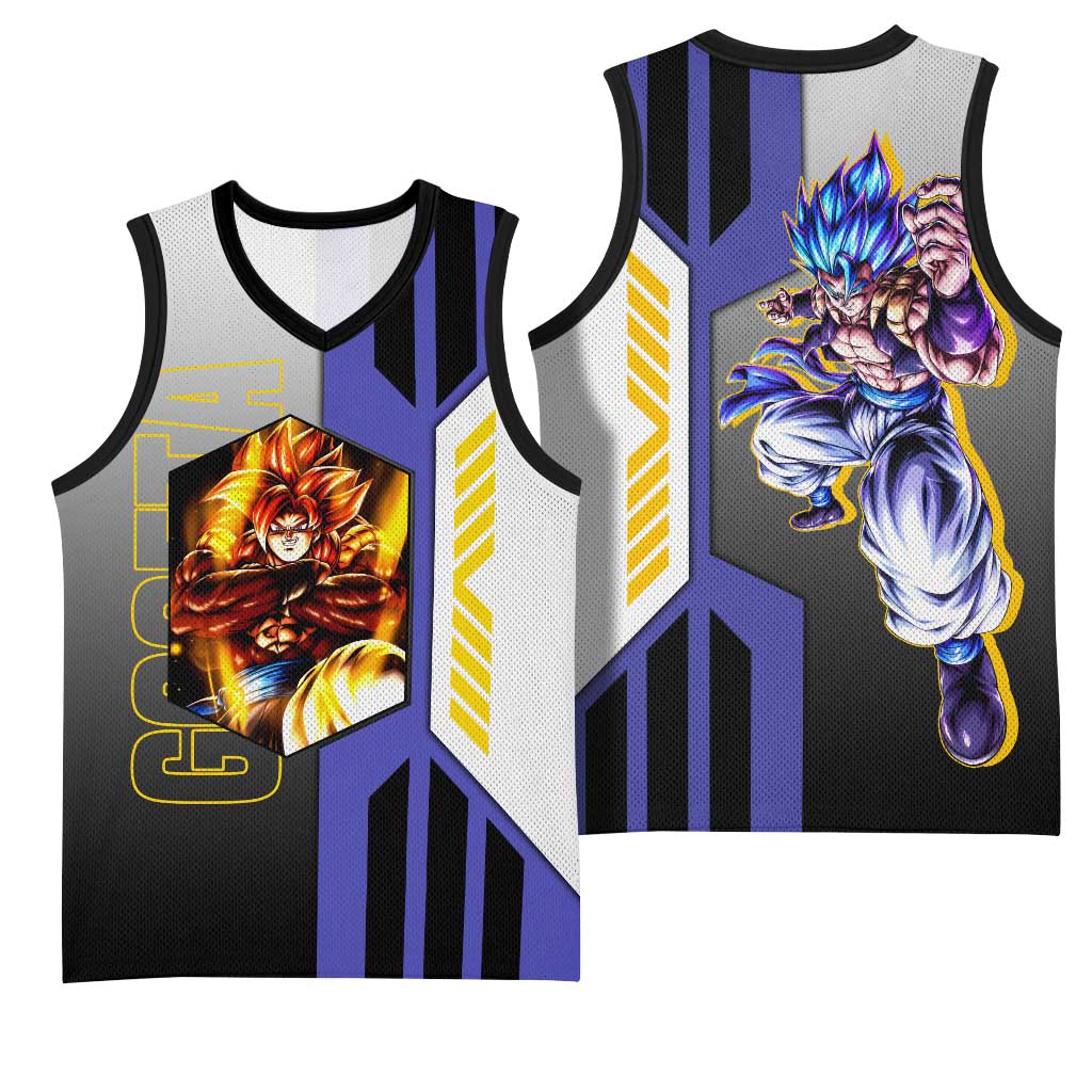 Gogeta from Dragon Ball Basketball Jersey with Super Saiyan Blue Form and Action Pose Design - The Mazicc