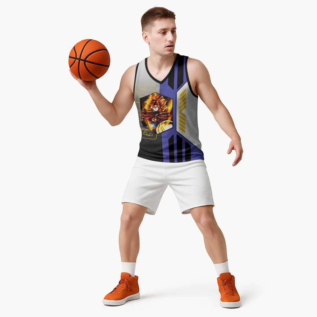 Gogeta from Dragon Ball Basketball Jersey with Super Saiyan Blue Form and Action Pose Design - The Mazicc