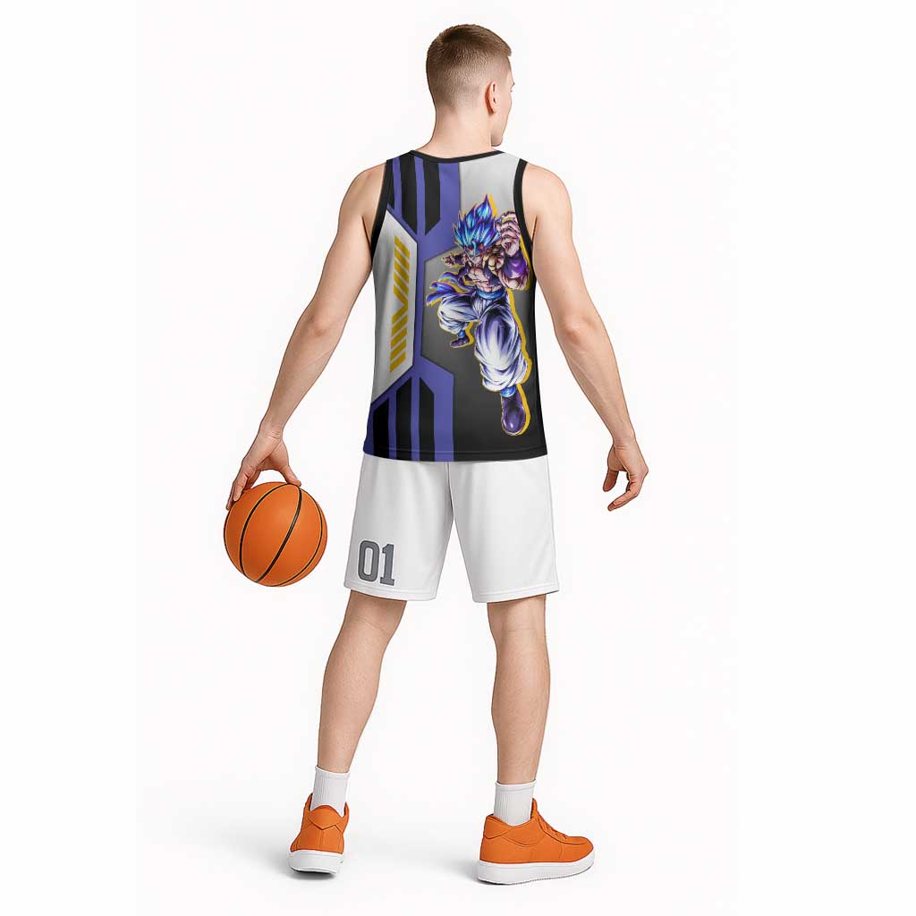 Gogeta from Dragon Ball Basketball Jersey with Super Saiyan Blue Form and Action Pose Design - The Mazicc