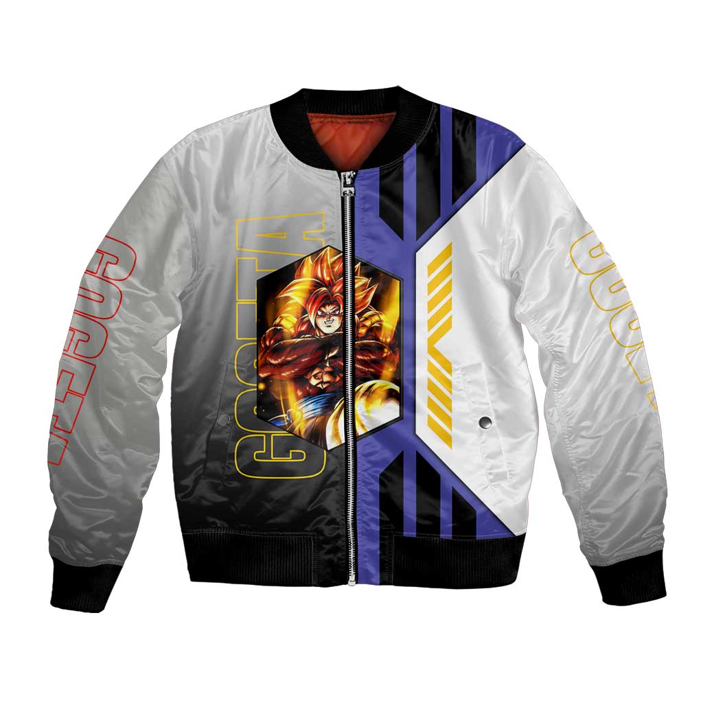 Gogeta from Dragon Ball Bomber Jacket with Super Saiyan Blue Form and Action Pose Design - The Mazicc