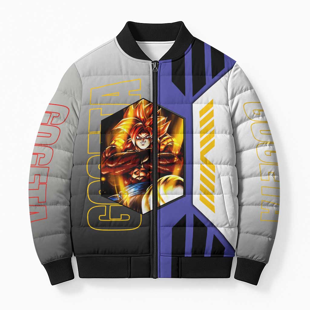 Gogeta from Dragon Ball Bomber Puffer Jacket with Super Saiyan Blue Form and Action Pose Design - The Mazicc
