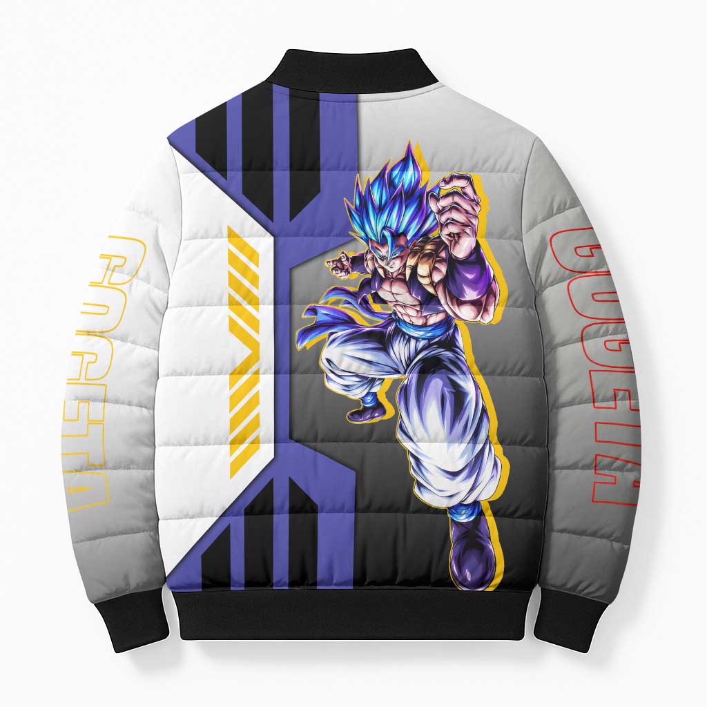 Gogeta from Dragon Ball Bomber Puffer Jacket with Super Saiyan Blue Form and Action Pose Design - The Mazicc