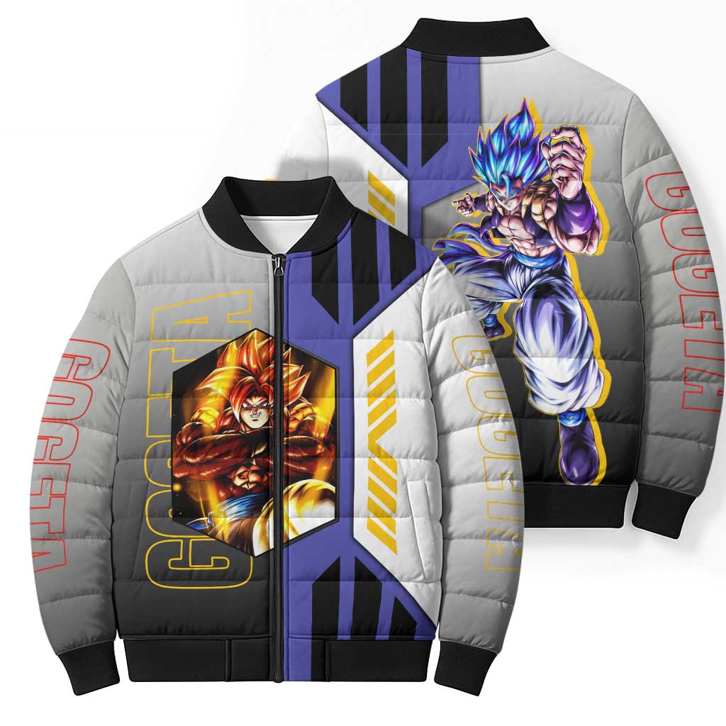 Gogeta from Dragon Ball Bomber Puffer Jacket with Super Saiyan Blue Form and Action Pose Design - The Mazicc