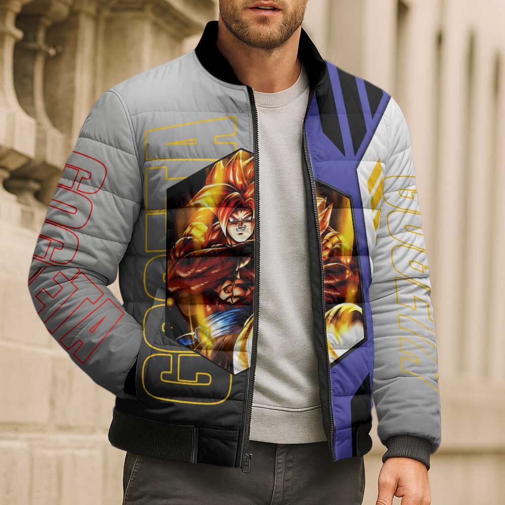 Gogeta from Dragon Ball Bomber Puffer Jacket with Super Saiyan Blue Form and Action Pose Design - The Mazicc